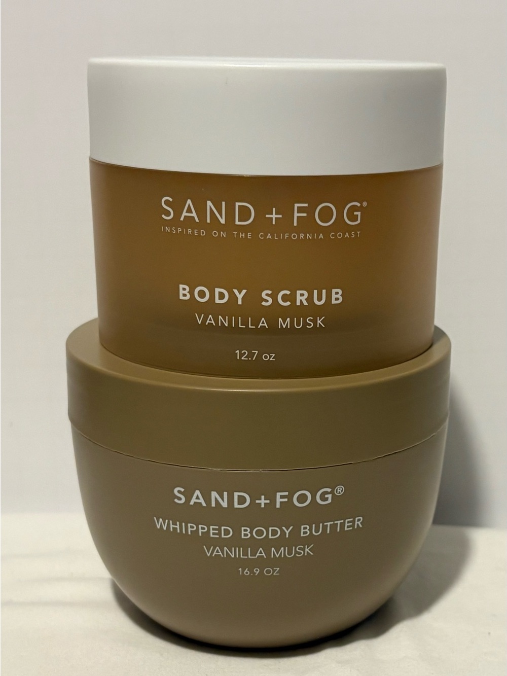 SAND+FOG Vanilla Musk Body Scrub 12.7 oz + Whipped Body Butter 16.9oz Set
